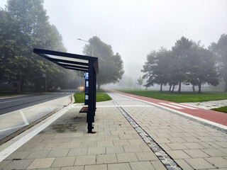 Bus stop in Olomouc,  on a foggy morning