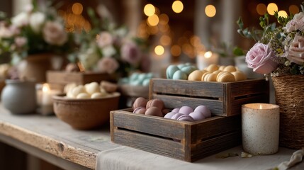 Elegant dessert table with colorful macarons and floral arrangements for a celebration in a cozy setting