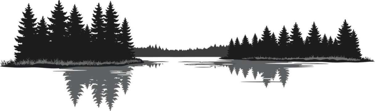 Serene Lake Landscape with Forest Reflection Silhouette on Transparent Background