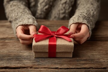 A person holding a small gift wrapped in brown fabric with a red ribbon on a wooden table.