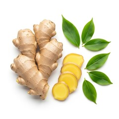 Fresh ginger roots sliced with green leaves on white background
