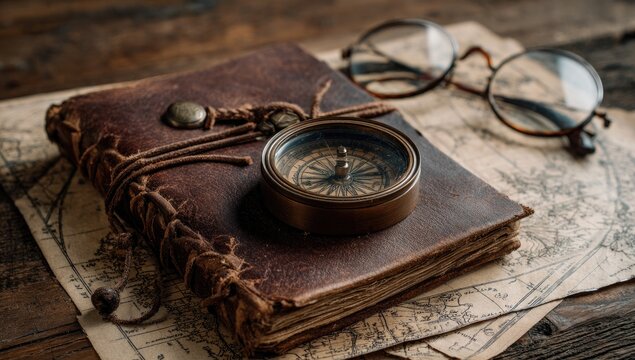 Vintage leather-bound journal with compass and glasses