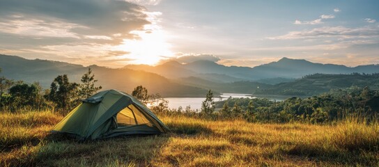 Scenic campsite at sunrise over a valley