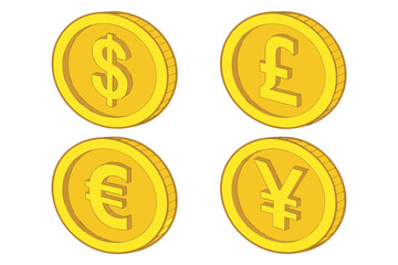 Four golden coins with intricate details and a metallic sheen