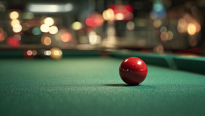 Red billiard ball on green table in dimly lit bar