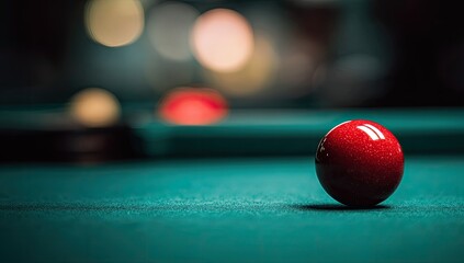 Red billiard ball on a green pool table with out-of-focus background
