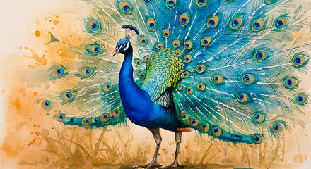 Elegant peacock displaying vibrant plumage in watercolor painting style, a captivating splash of color and beauty