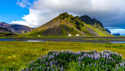 Lush landscape with mountains and wildflowers.