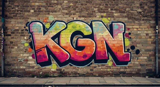Colorful graffiti spelling out KGN on a brick wall.