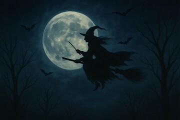 Fototapeta premium Silhouette of a Witch Flying on a Broomstick in Front of the Moon