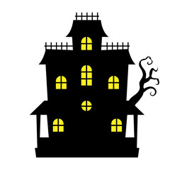 Illustration of a spooky haunted house with lit windows for Halloween celebration