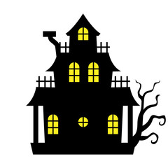 Illustration of a spooky haunted house with lit windows for Halloween celebration