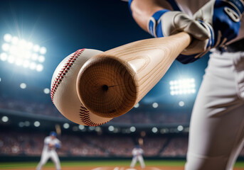 Closeup of baseball bat hitting a ball, professional baseball player swinging the bat during a game in a stadium, Action shot of a baseball hitter making contact.