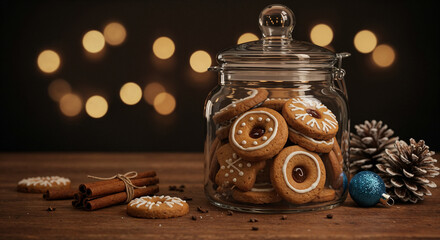 A clear glass cookie jar filled with assorted holiday cookies