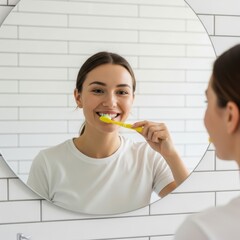 Woman brushing teeth in bathroom mirror