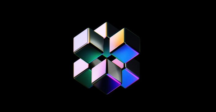 Geometric abstract cube, featuring iridescent colors and a unique design. The artwork has a modern, artistic feel, perfect for creative projects.