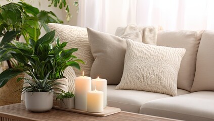 Cozy living room with plants and candles