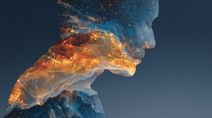 An abstract profile portrait, featuring a figure with intricate, swirling patterns of warm amber and cool blue, overlaid on a deep gray background.