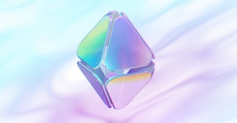 A futuristic, iridescent, geometric object floating in a soft, abstract background. This image conveys a sense of innovation, technology, and the beauty of form
