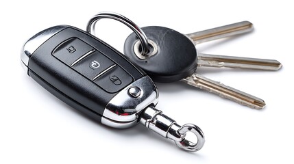 Modern car key fob with traditional keys on a white background