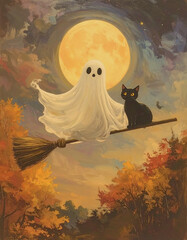 A spooky ghost and black cat fly on a broom under a giant moon during Halloween night with warm
