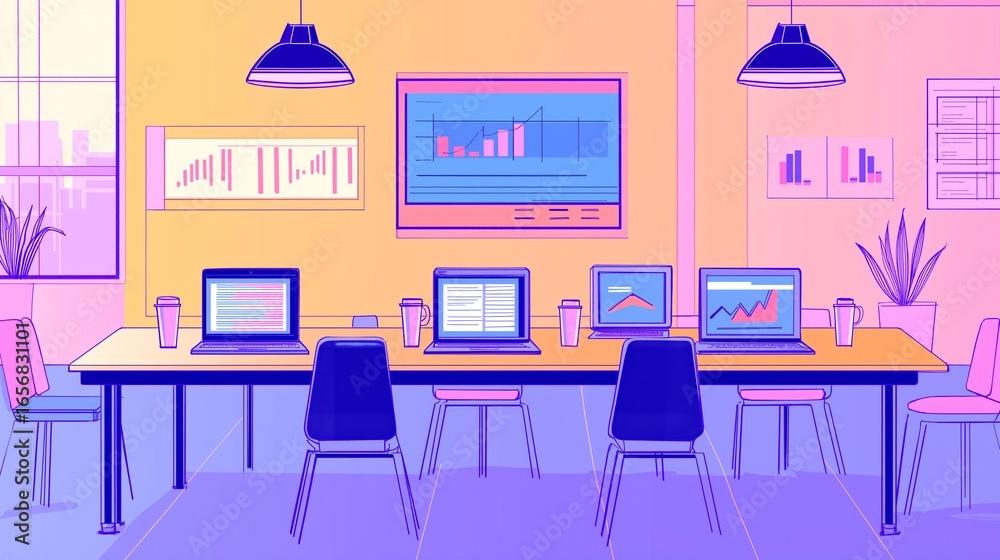 Wall mural computer on screen with modern business graph on modern computer
