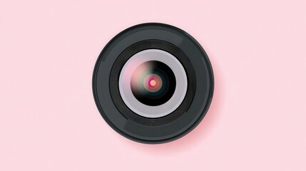 Close-up of a camera lens on a pale pink background.