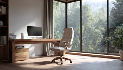 Fototapeta premium Modern home office with mountain view