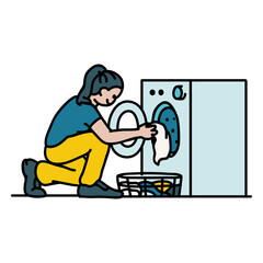 Woman is putting clothes into a washing machine