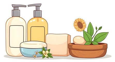 cartoon spa cosmetics, cartoon bath salts, soap bar cartoon, bubble bath cartoon, spa bath cartoon, wellness cartoon objects, cartoon spa bottles, spa package cartoon, cartoon nail polish spa, spa rel