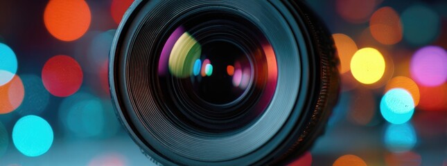Close-up of camera lens with colorful bokeh (2)