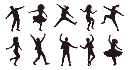Obraz premium Silhouette illustrations of people dancing and jumping with joyful expressions and energetic poses shown