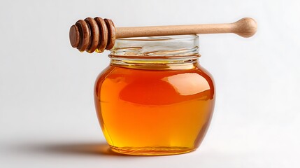 Golden honey in a glass jar with wooden dipper on a white background