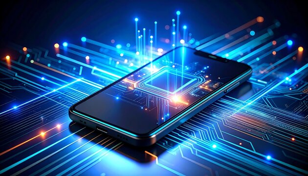 Futuristic Mobile Phone Illustration with Circuit Board and Glowing Light Effect