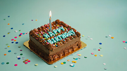 Birthday cake with "Happy birthday" lettering and sprinkles with burning candle and confetti on a pastel isolated background. Birth day celebration greeting
