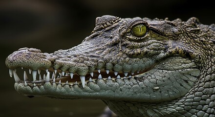 Obraz premium Close-up portrait of a young crocodile, showcasing its sharp teeth and textured skin.