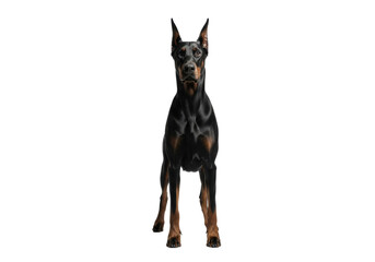 Obraz premium Sleek jet black Doberman Pinscher standing alertly on a transparent studio background, high-key lighting, soft shadow, ample copy space. Concept of vigilance and sophistication