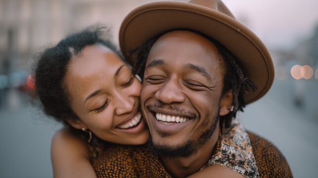 Cheerful carefree African American couple sharing a joyful moment outdoors during sunset in a vibrant city scene