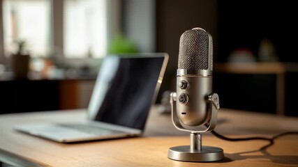 Home studio setup featuring a professional condenser microphone placed on a wooden desk next to a laptop, creating a workspace ideal for podcasting, voiceovers, or music recording