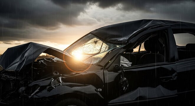 Wrecked Car after Accident: A dramatic scene unfolds as a severely damaged car sits amidst a bleak landscape, with the sun casting a harsh light and a turbulent sky overhead.