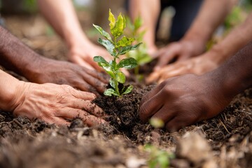 Fototapeta premium Diverse hands planting seedlings in rich soil