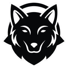 Black wolf head logo design with circular frame and sharp edges animal