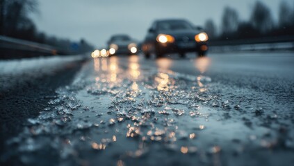 Icy road surface at twilight