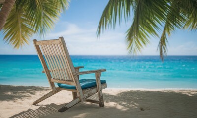 Wooden beach chair under palm trees on a sunny tropical beach