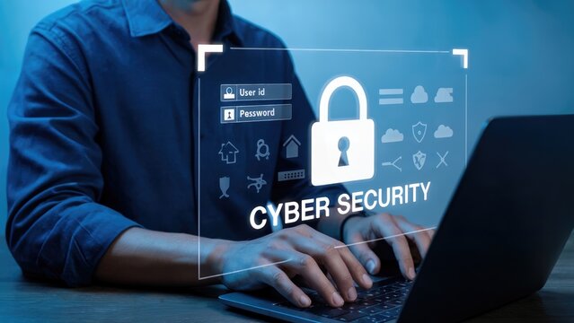 Cybersecurity professional securing data with laptop, showing secure login and online protection