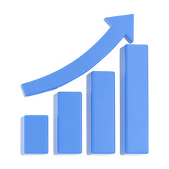 Blue bar graph with upward trending arrow indicating financial growth and positive economic progress
