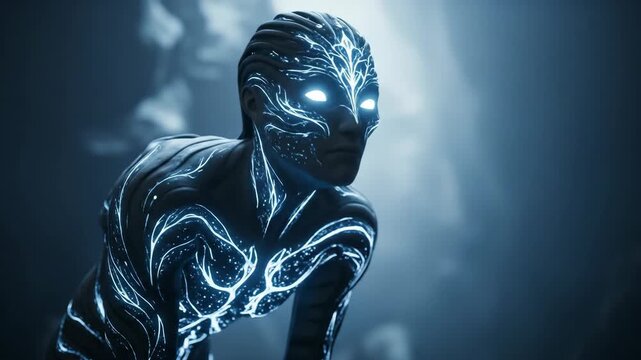 Futuristic woman character with glow light pattern. Digital body with neural network lines. Cyberpunk and artificial intelligence cinematic footage.