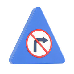 Blue triangular warning sign prohibiting right turns with a red circle and diagonal line over a right arrow symbol