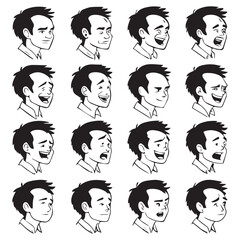 Collection of hand drawn black and white sketches showcasing a man s diverse range of facial expressions and emotions