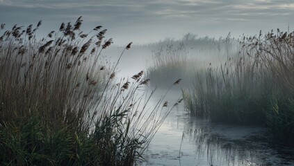 Misty marsh grasses at dawn